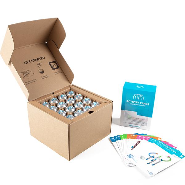 Sphero Mini Education Kit 16 pack featuring robotic balls, activity cards, and bumper covers for STEAM learning.