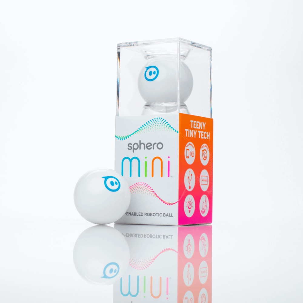 Sphero Mini Robot in packaging with app-enabled features and colorful design, showcasing teeny tiny tech innovations.