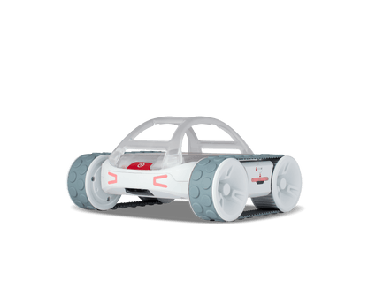 Sphero RVR+ robot designed for classroom robotics programs, featuring six wheels and a sleek, transparent body.