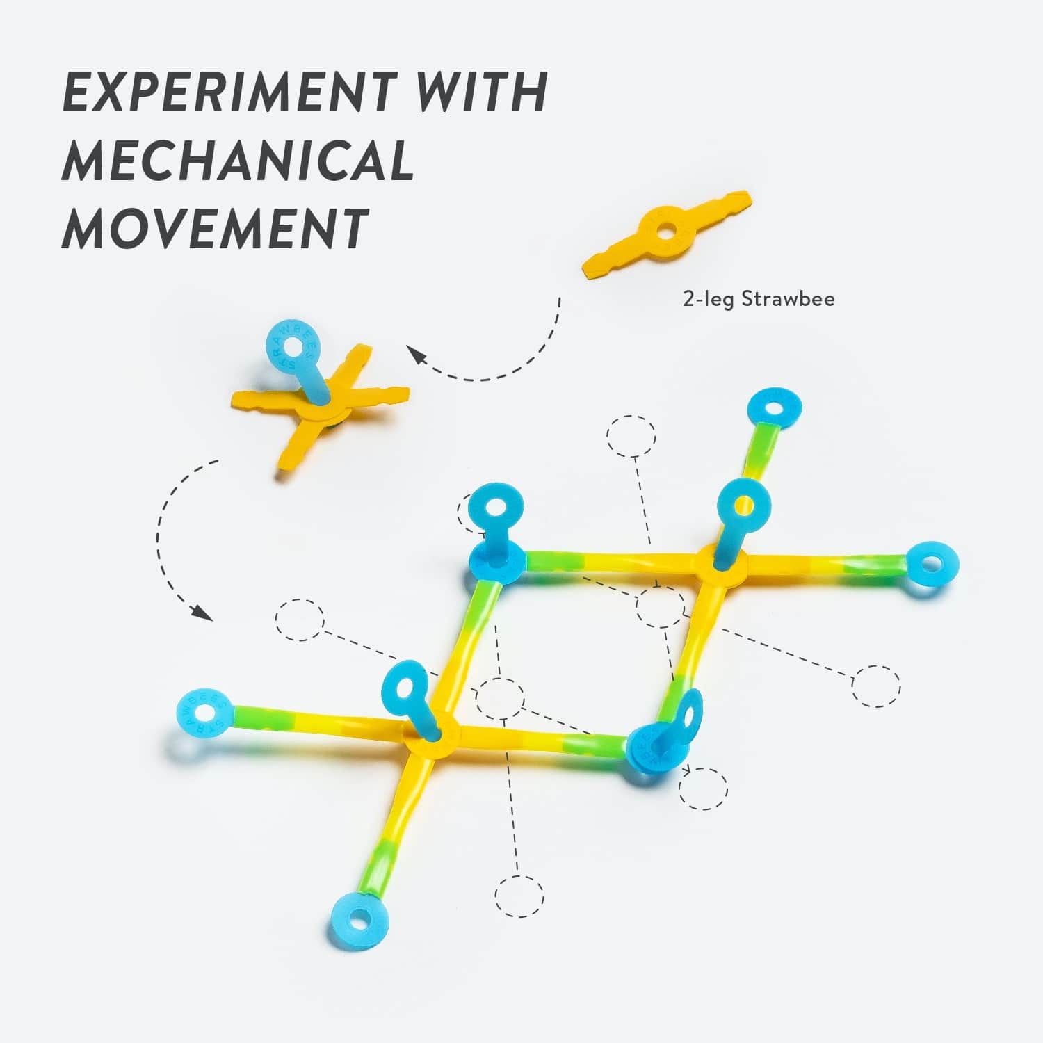 Colorful Strawbees construction showing 2-leg design for mechanical movement experiments in STEAM activities.