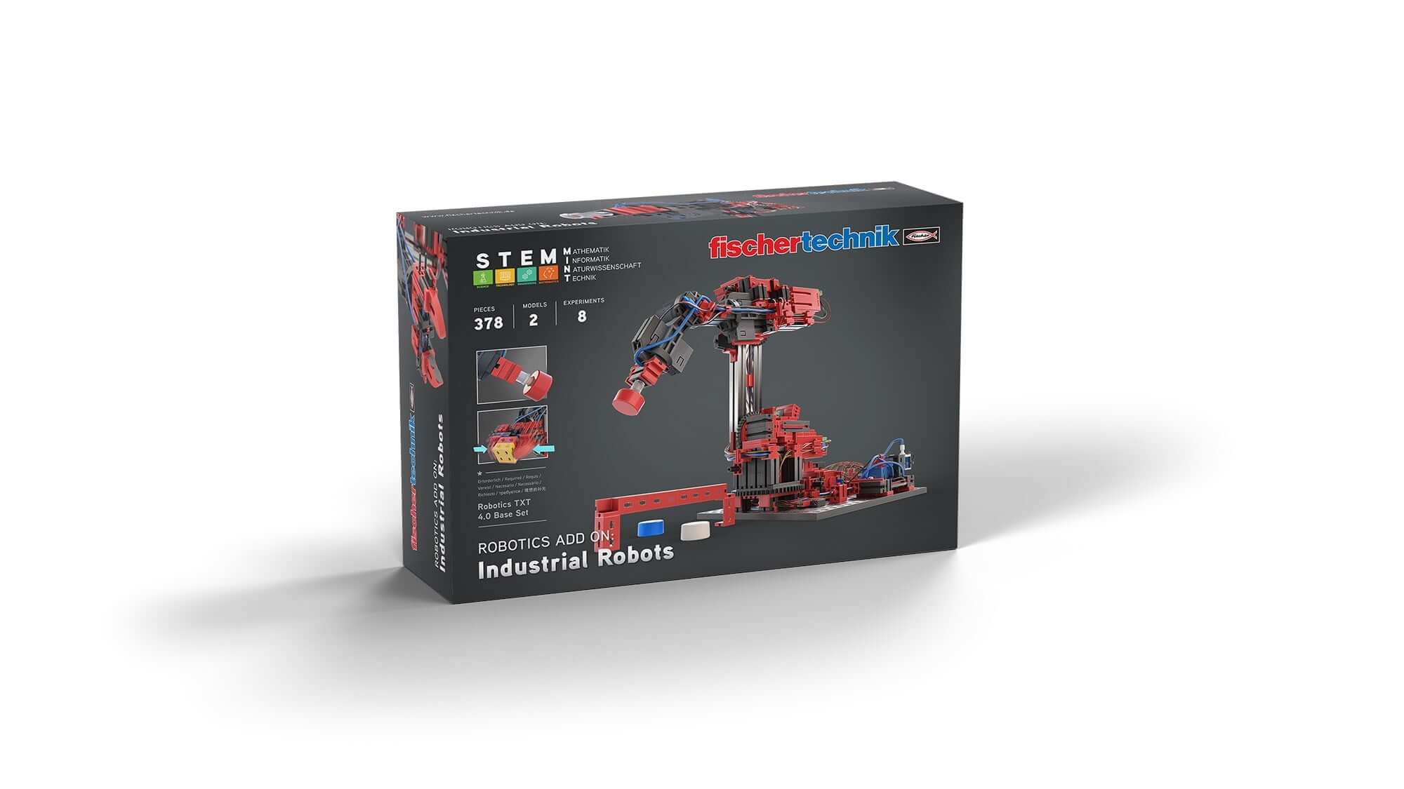STEM coding kit featuring realistic industrial robots for educational assembly and programming.
