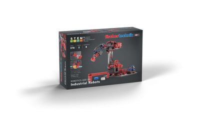 STEM coding kit featuring realistic industrial robots for educational assembly and programming.