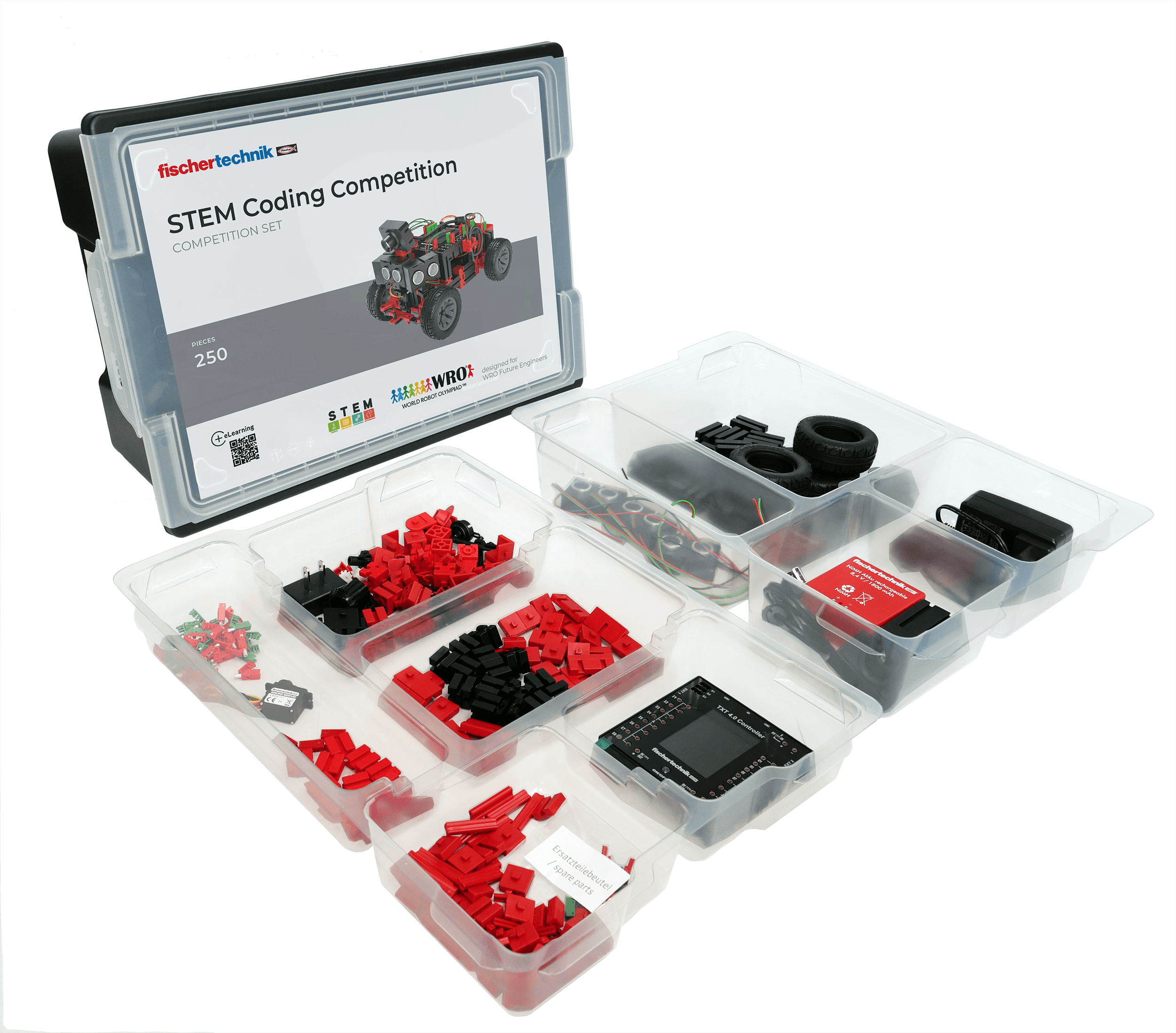 STEM Coding Competition set with various components in clear containers, ideal for future engineers.