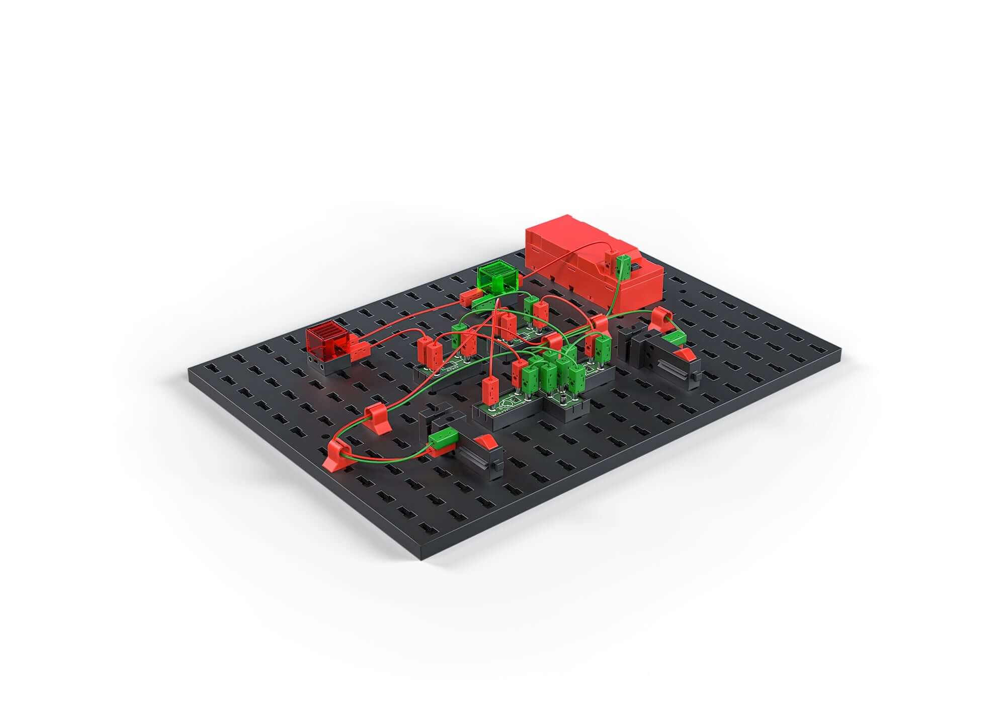 STEM Electronics kit showcasing colorful components and connections on a black base, promoting sustainable learning in electronics.