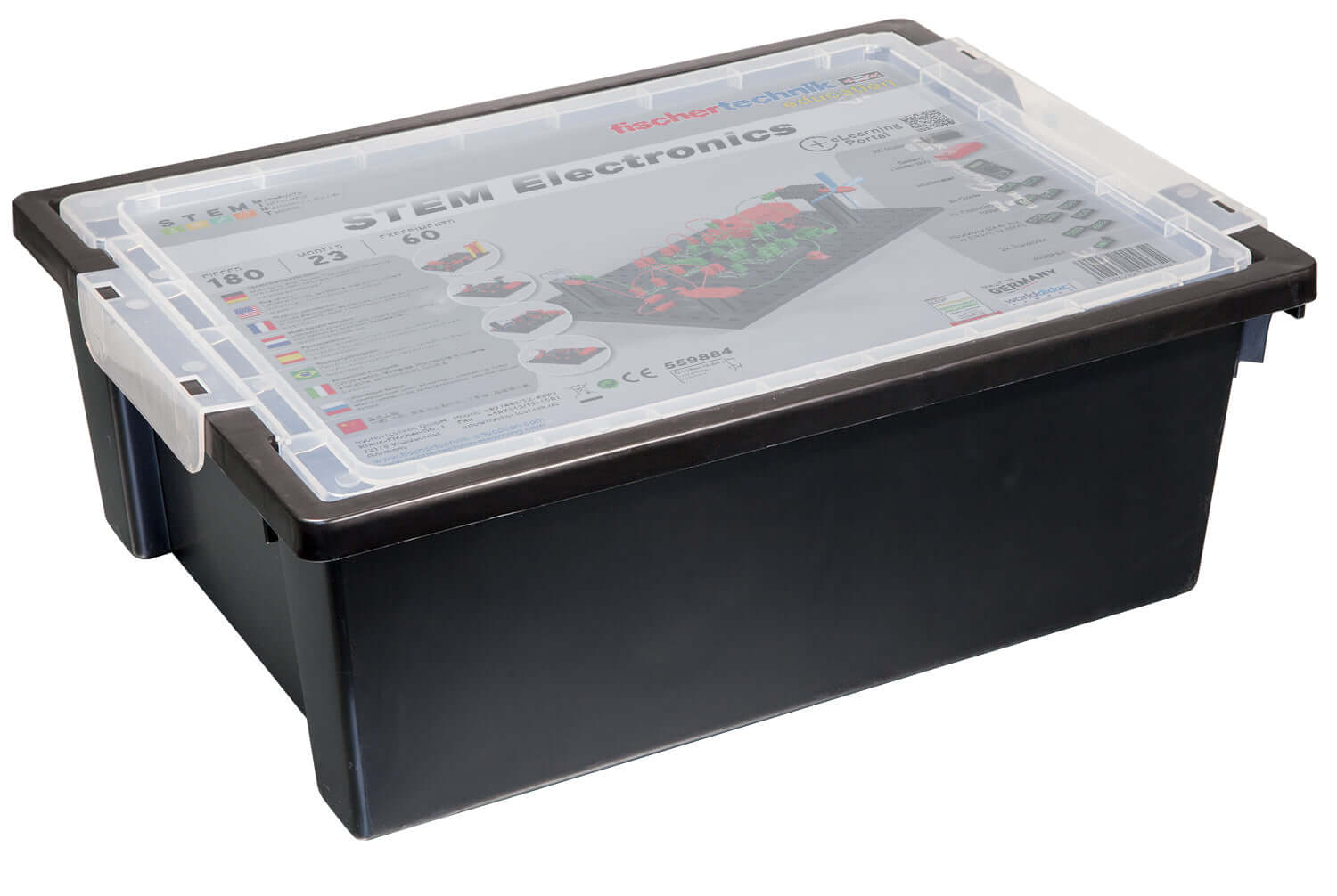 STEM Electronics kit with clear lid, showcasing electronic components and basic circuits for sustainable learning.