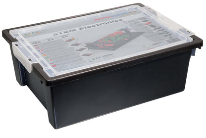 STEM Electronics kit with clear lid, showcasing electronic components and basic circuits for sustainable learning.