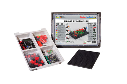 STEM Electronics kit featuring components and instruction manual for learning electronic basics sustainably.