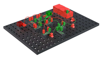 STEM electronics educational circuit board with colorful components demonstrating sustainable electronics.