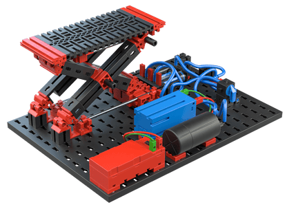 STEM Pneumatics model showcasing a mechanical lift system with tubes, motors, and colorful components for educational purposes.