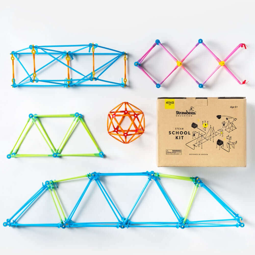 Strawbees STEAM School Classroom Building Set with colorful construction pieces and challenge cards for student projects.