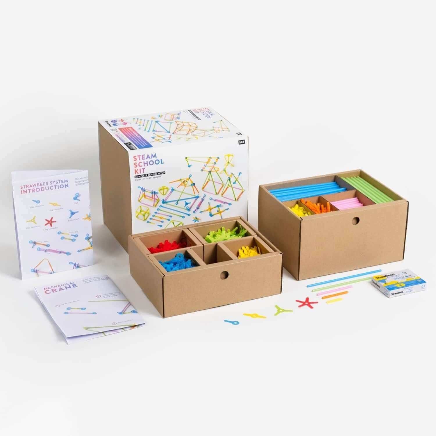 Strawbees STEAM School Kit with colorful straws, challenge cards, and building instructions for classroom creativity.