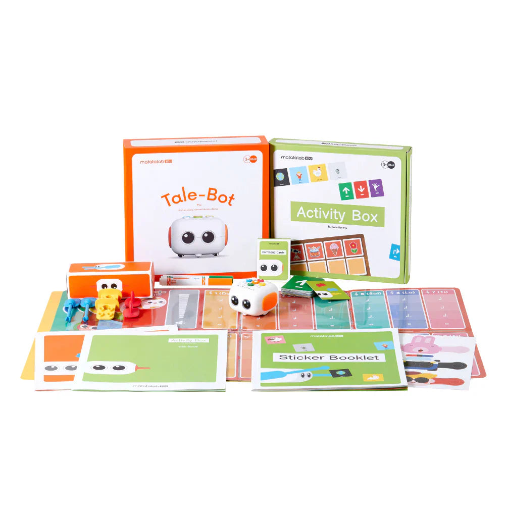 Tale-Bot coding robot kit for kids with activity box, story cards, and stickers for educational play.