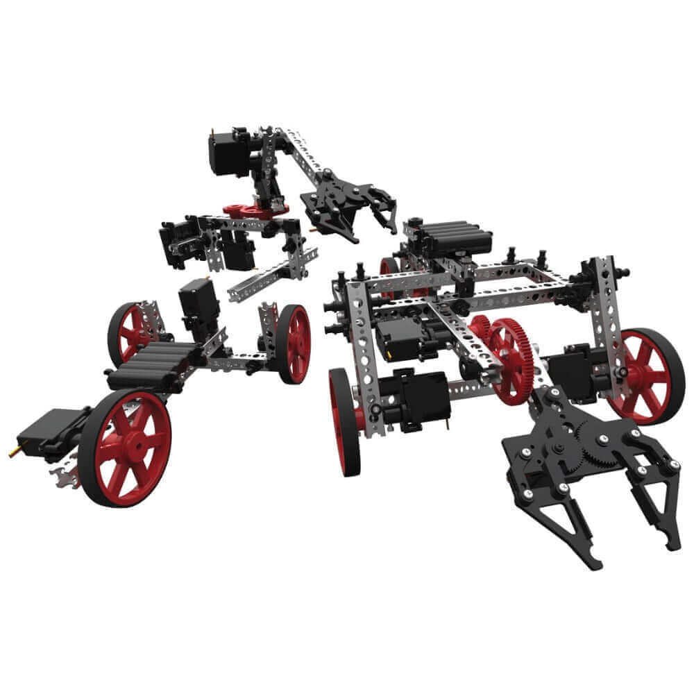 TETRIX PRIME Dual Control Robotics Set showcasing assembled robots with wheels and robotic arms in dynamic poses.