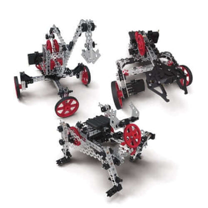 TETRIX PRIME Expansion Set showcasing advanced robotic builds with red wheels and components for enhanced R/C engineering.