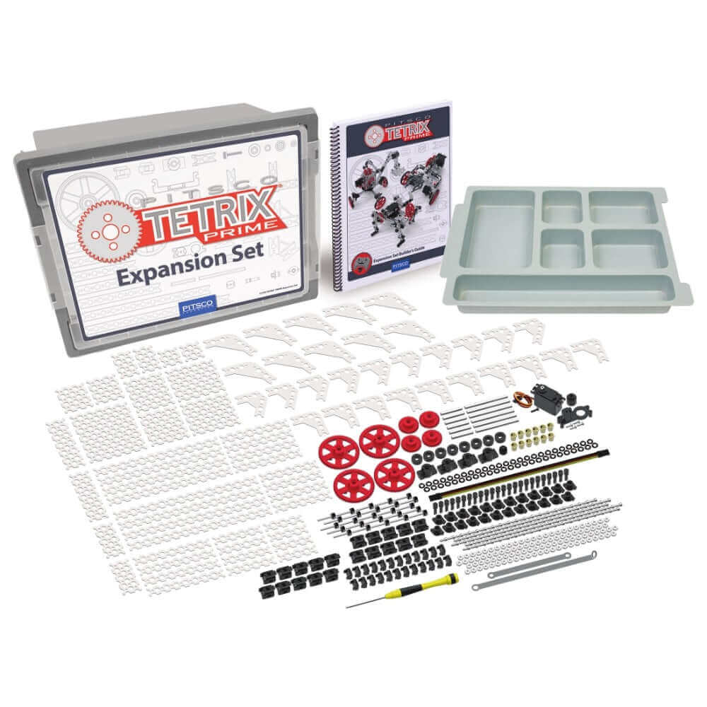 TETRIX PRIME Expansion Set components including parts, instruction manual, and storage tray for advanced robotics builds.