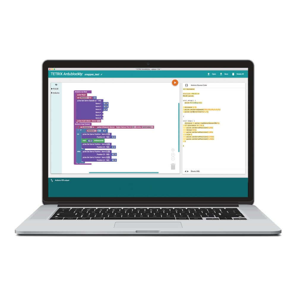 TETRIX Robotics programming interface displayed on a laptop, showcasing coding for robotics projects.