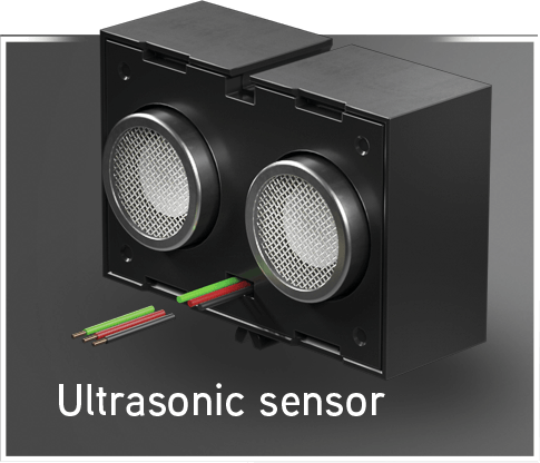Ultrasonic sensor with dual receivers and color-coded wiring for robotics applications.