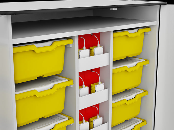 Interior view of zioxi LEGO® SPIKE Charging Trolley showcasing yellow storage trays and charging compartments.